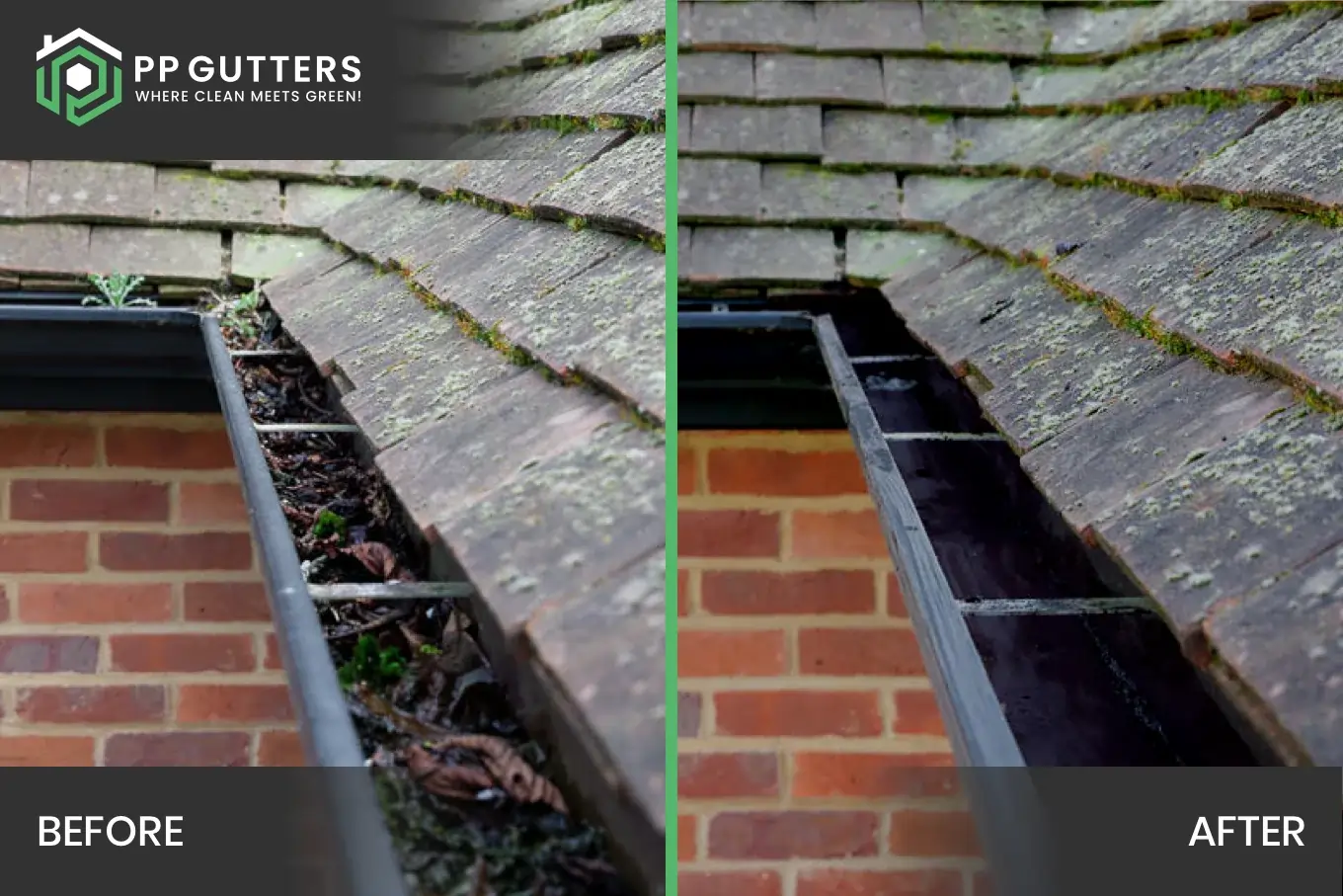 PP Gutters residential roof and gutter cleaning services. Before and after showing a property's gutters cleaned of leaves and debris.