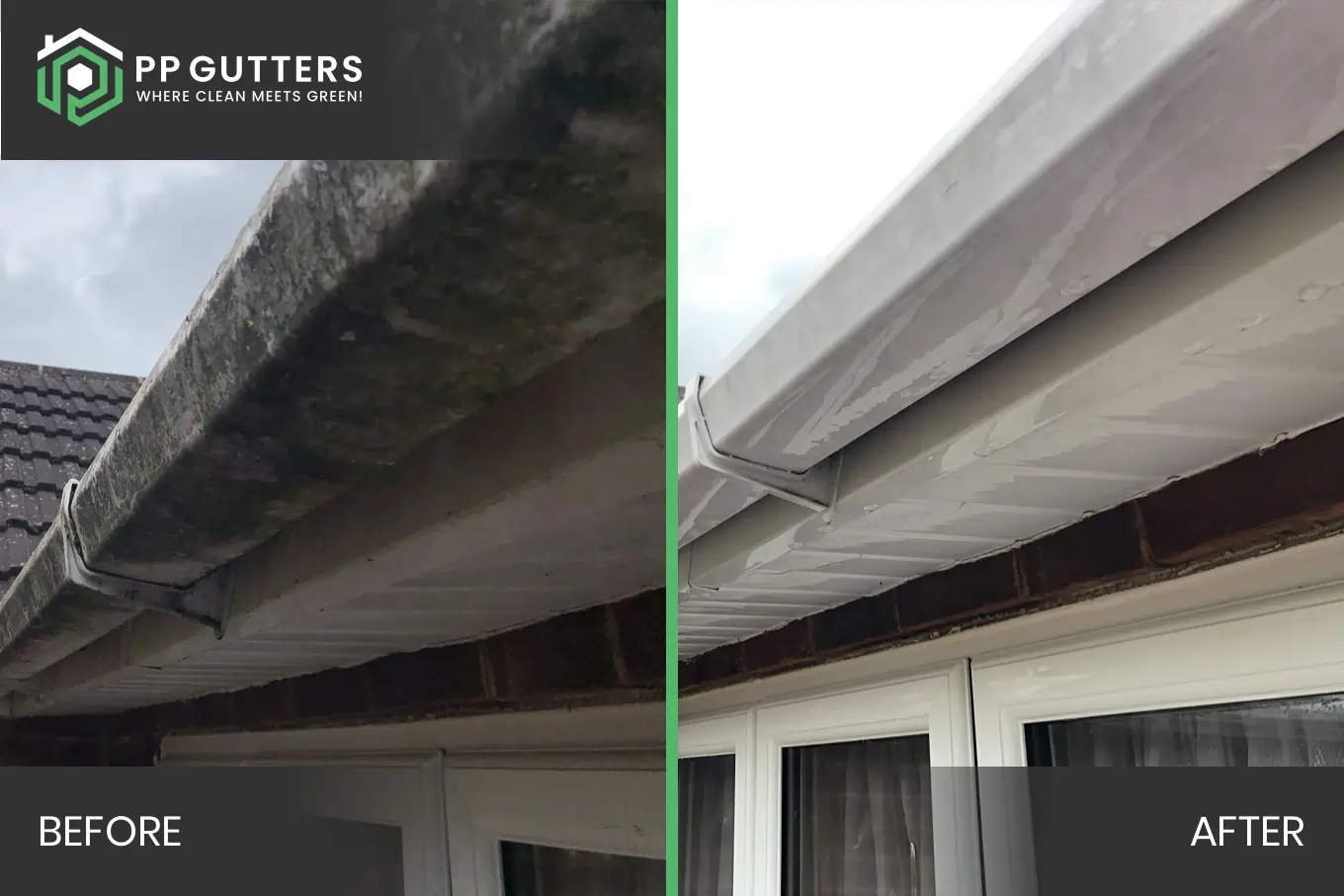 PP Gutters roof and gutter cleaning services. Before and after of a gutter and fascia clean